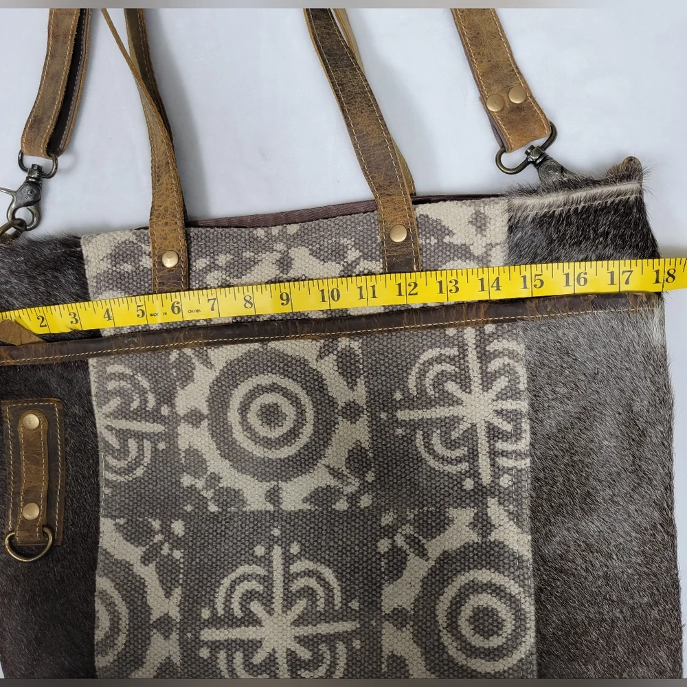 Myra EUC Ace Cowhide Canvas Messenger Bag Leather Straps Bohowestern Aztec Retro - Picture 9 of 16